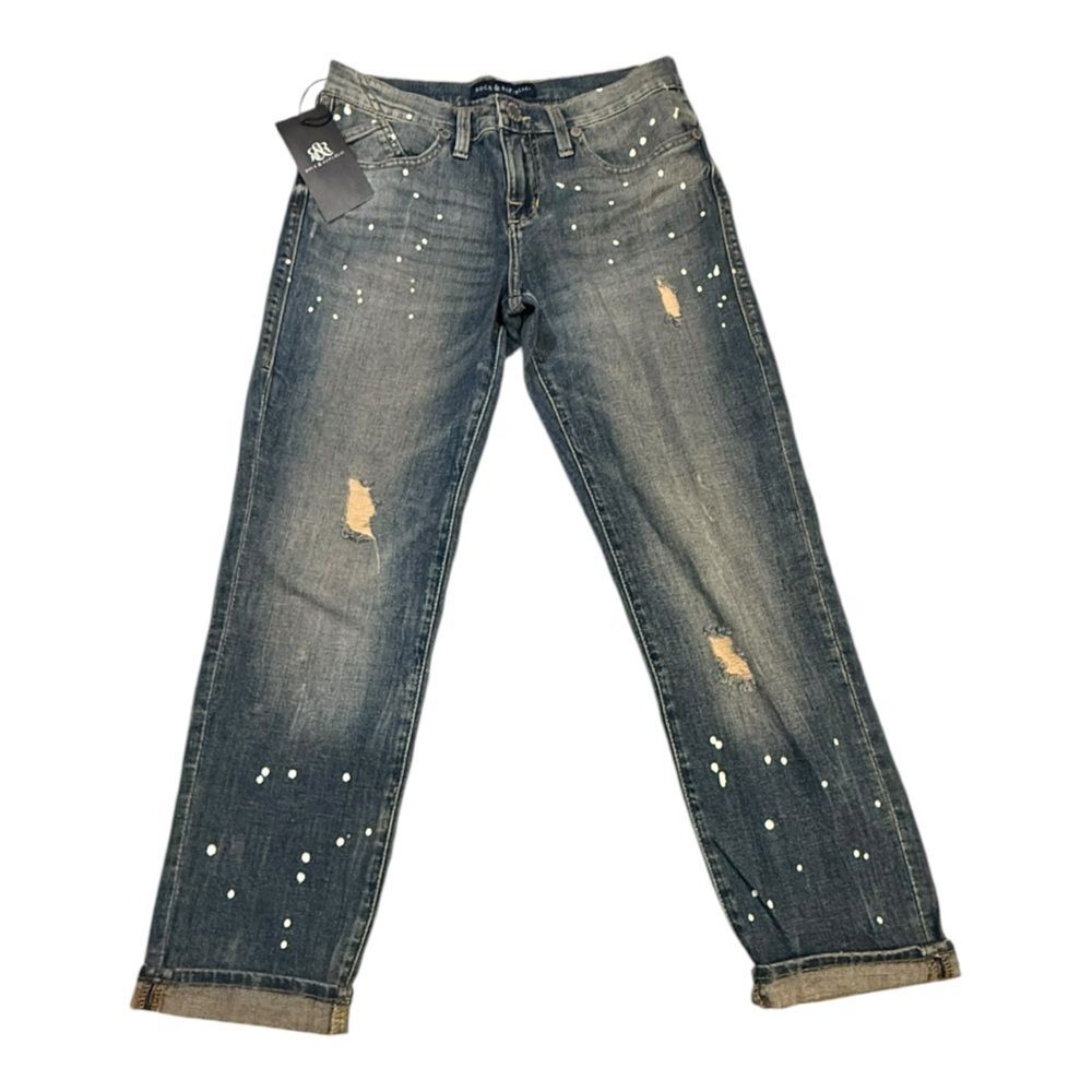 Rock & Republic Indee Slim Boyfriend Distressed Paint Splatter Blue Jeans Sz 6M